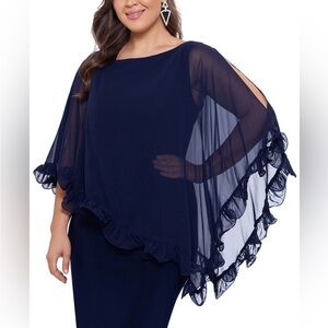 XSCAPE Ruffled Overlay Dress NWT 10 wedding guest formal modest Navy